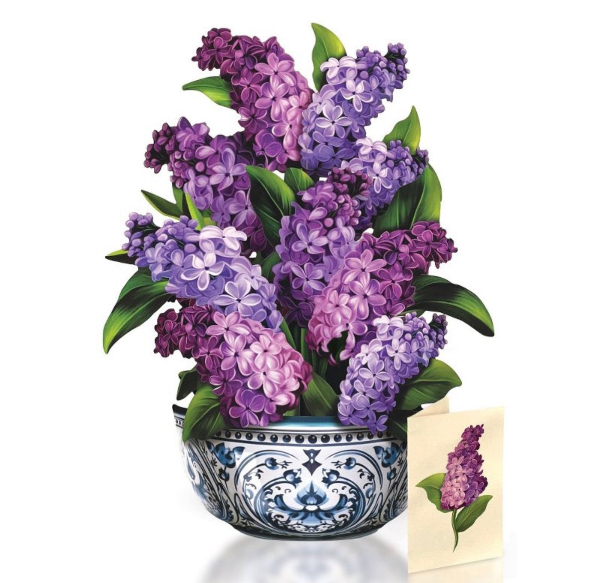 Bouquet of purple flowers in a decorative blue and white pot on a white background