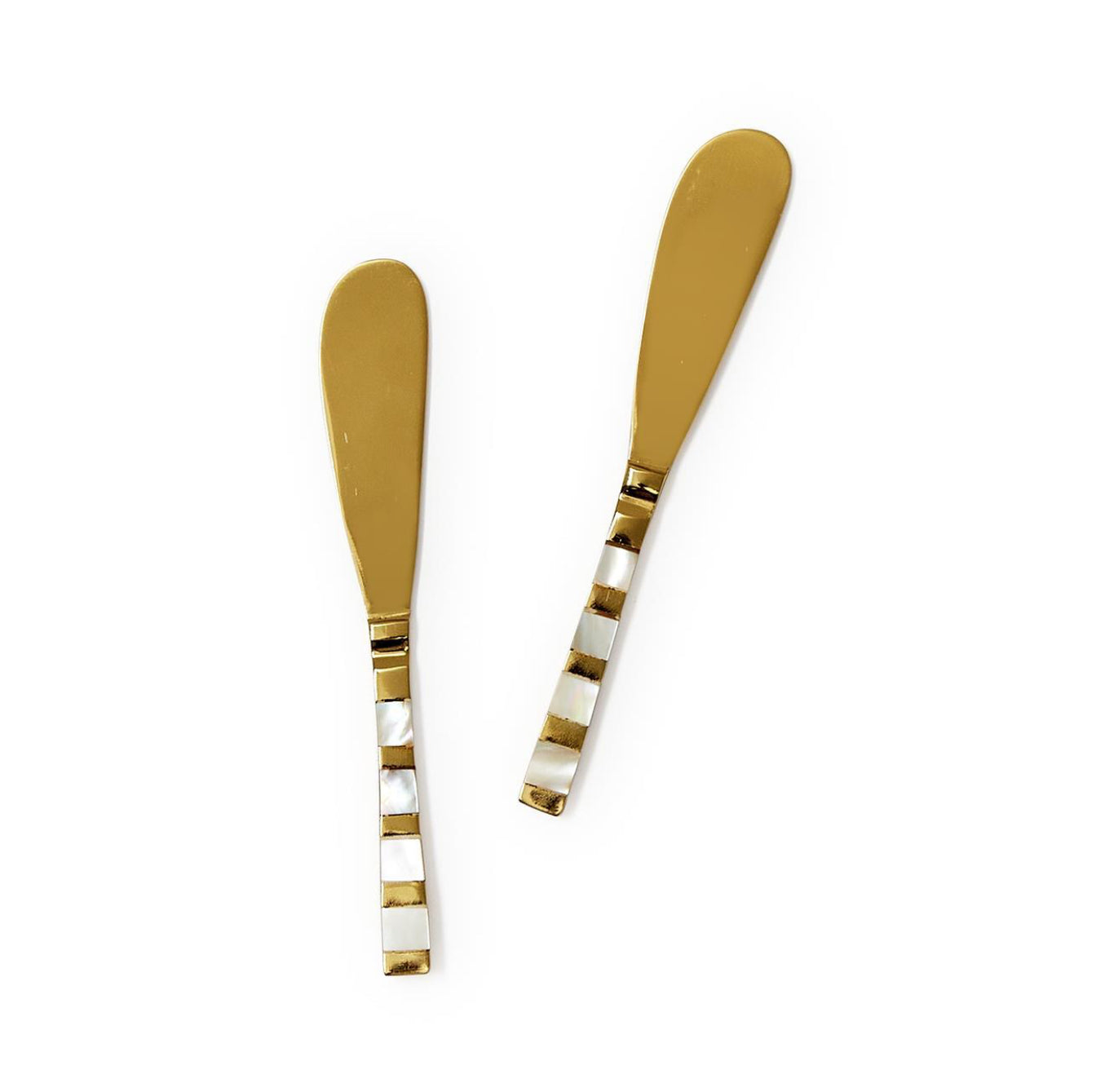 Two gold-handled knives with striped handles on a white background