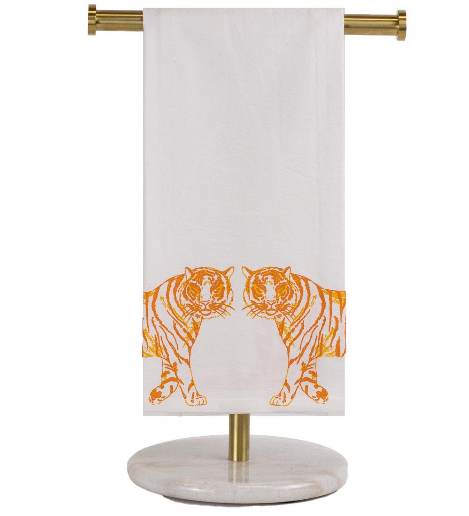 Gameday - Tea Towel - White and Orange Flour Sack - Tiger Walk- towel hanging on gold towel rod