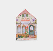 Decorative house-shaped coloring book with illustrations and text on a white background