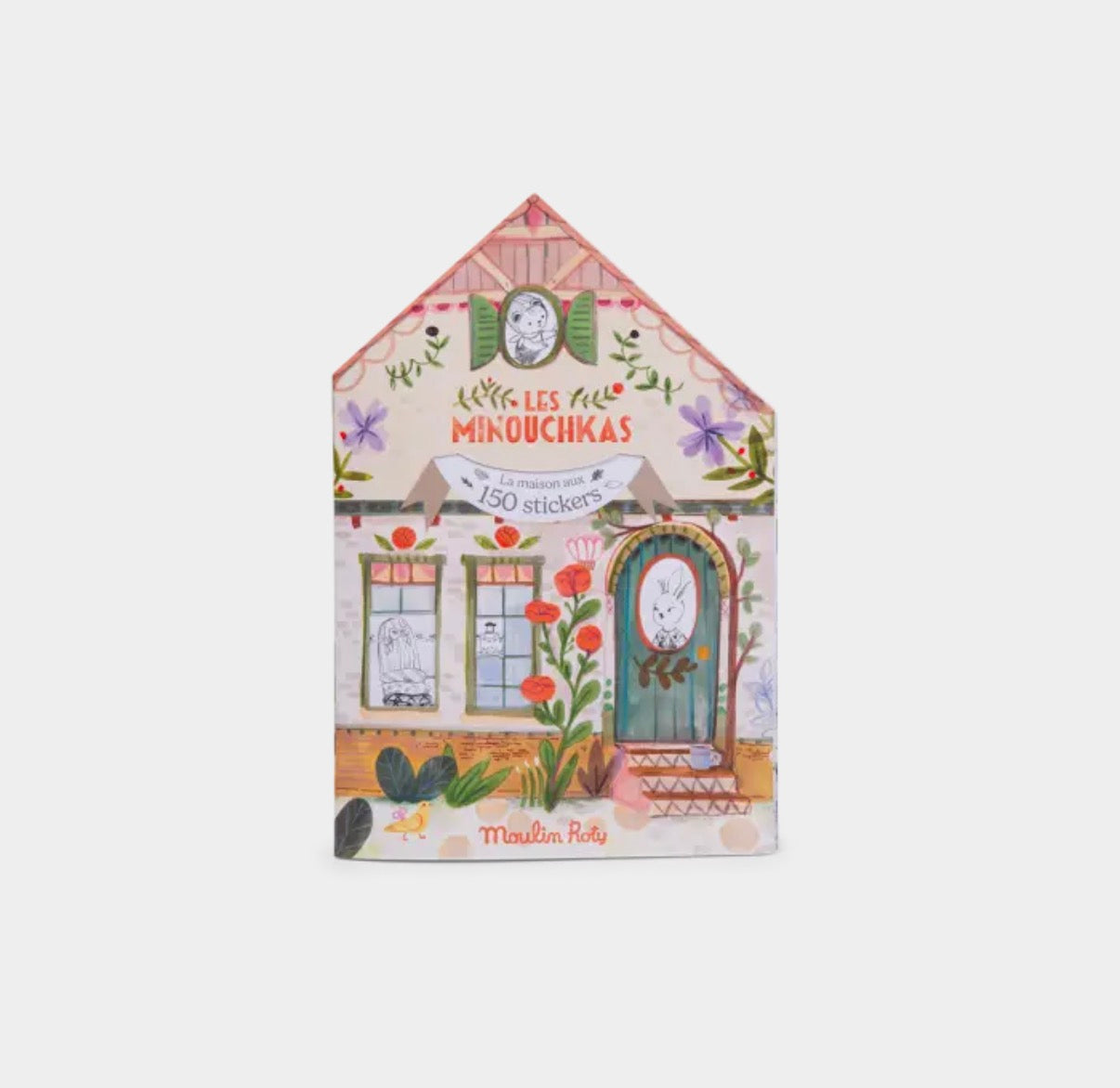 Decorative house-shaped coloring book with illustrations and text on a white background