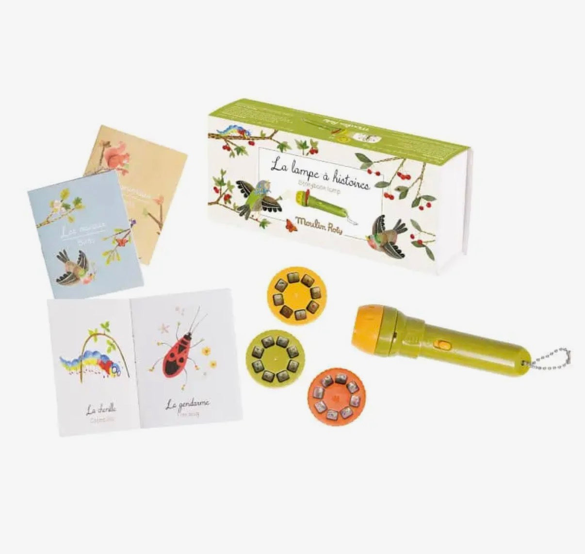 Children's educational set with flashlight, cards, and magnifying glasses on a white background
