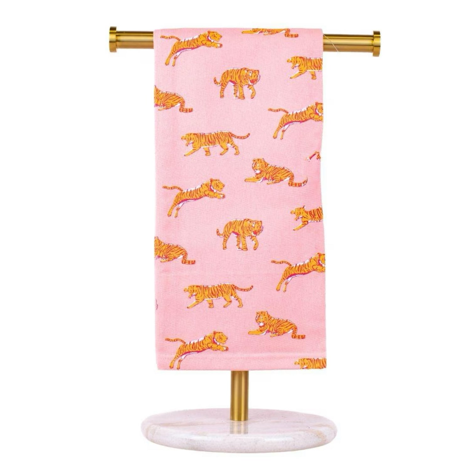 Gameday - Tea Towel - Pink Orange - Tiger Walk- towel is on a gold towel rod 