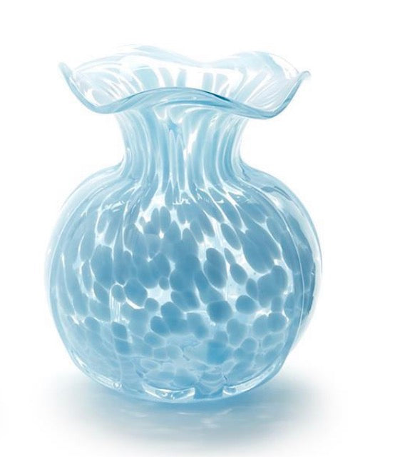 Two's Company Brand Blue Glass vase with textured surface on a white background