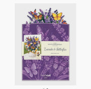 Packaging of a pop-up flower bouquet with lavender and butterflies design on a white background.