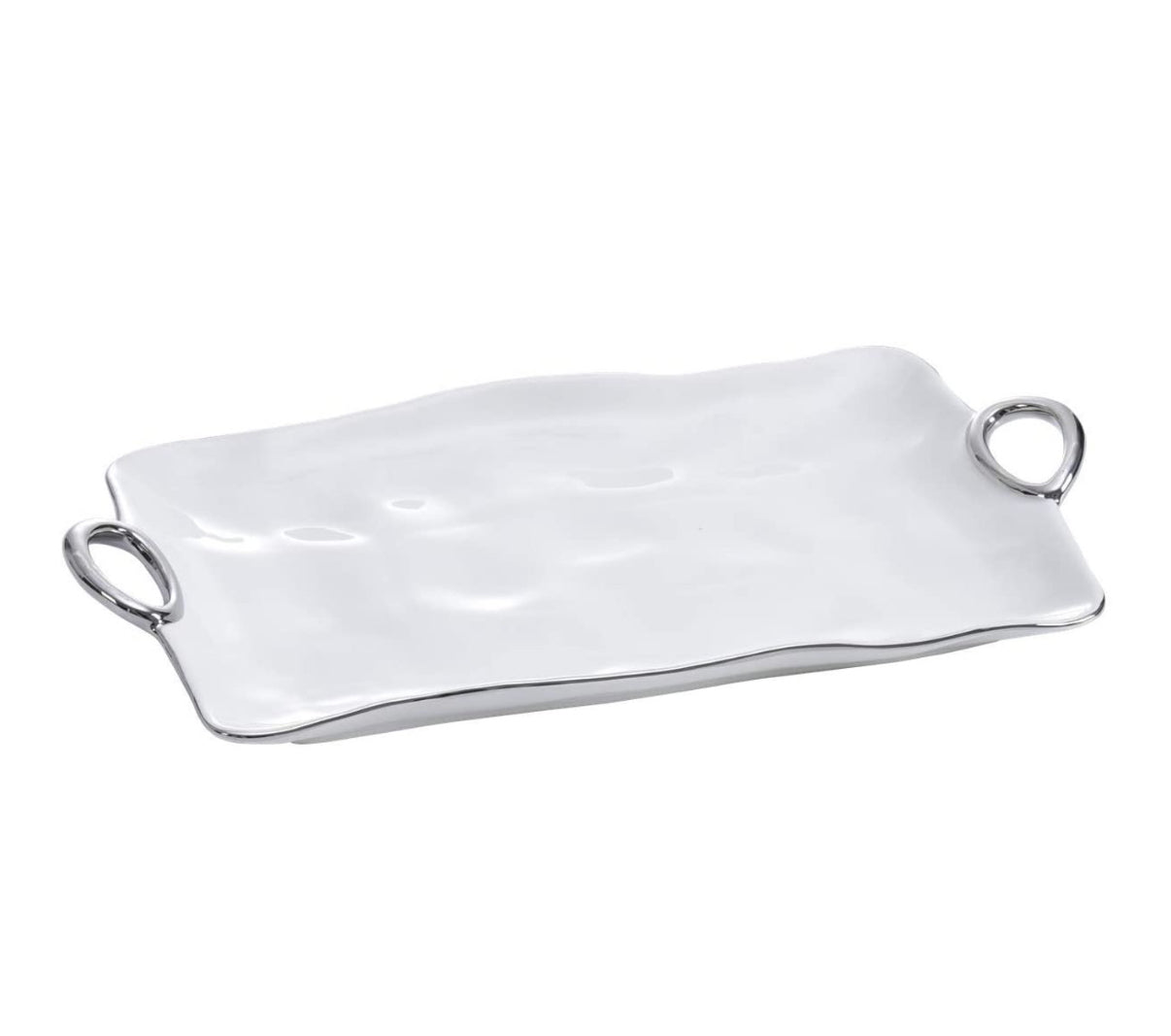 Platter - Porcelain - Large Rectangular With Handles - White With Silver