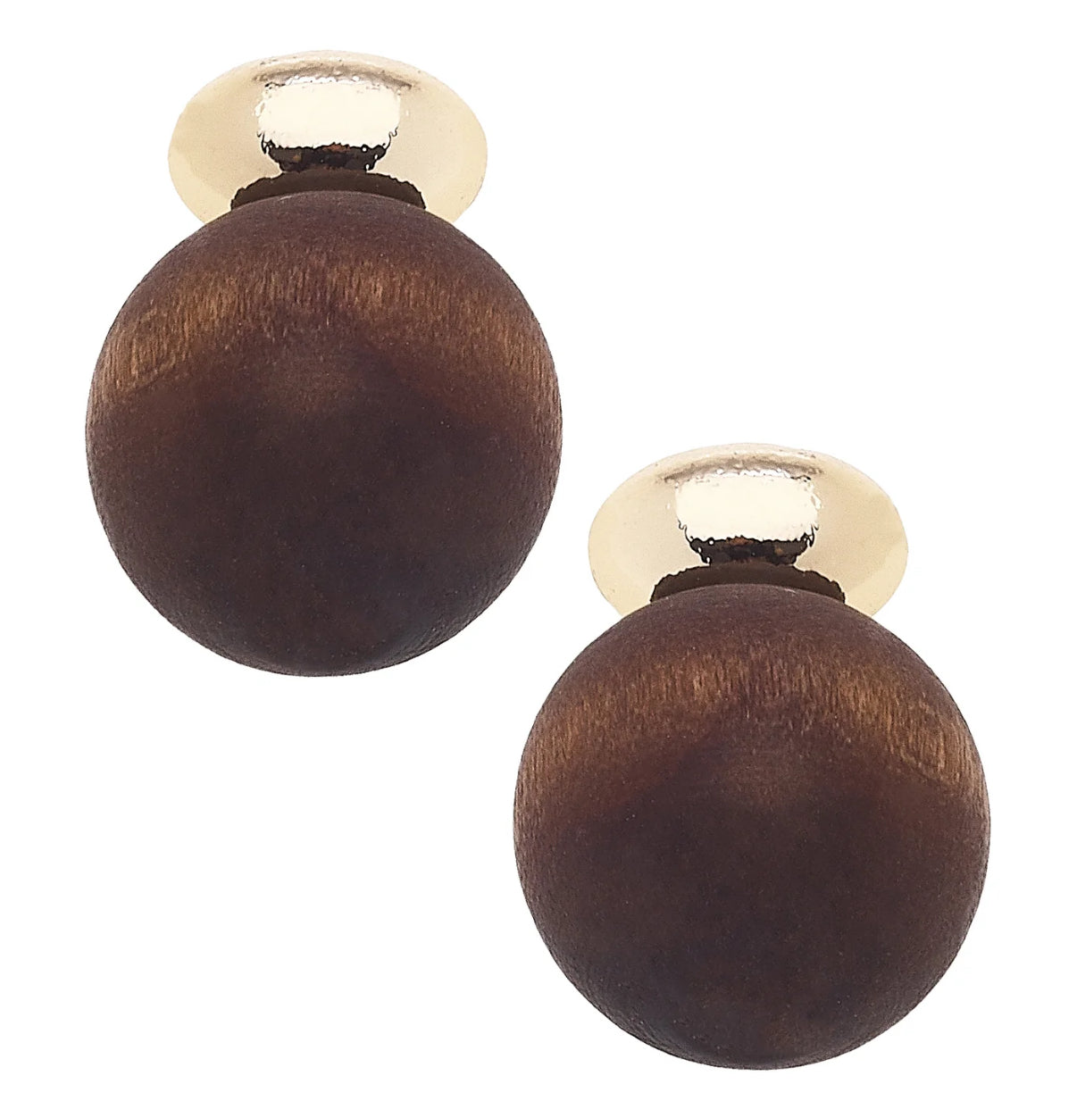 Pair of wooden ball earrings with gold tops on a white background