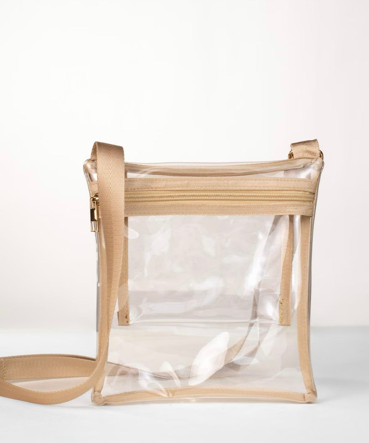 Clear and Gold bag on White backdrop