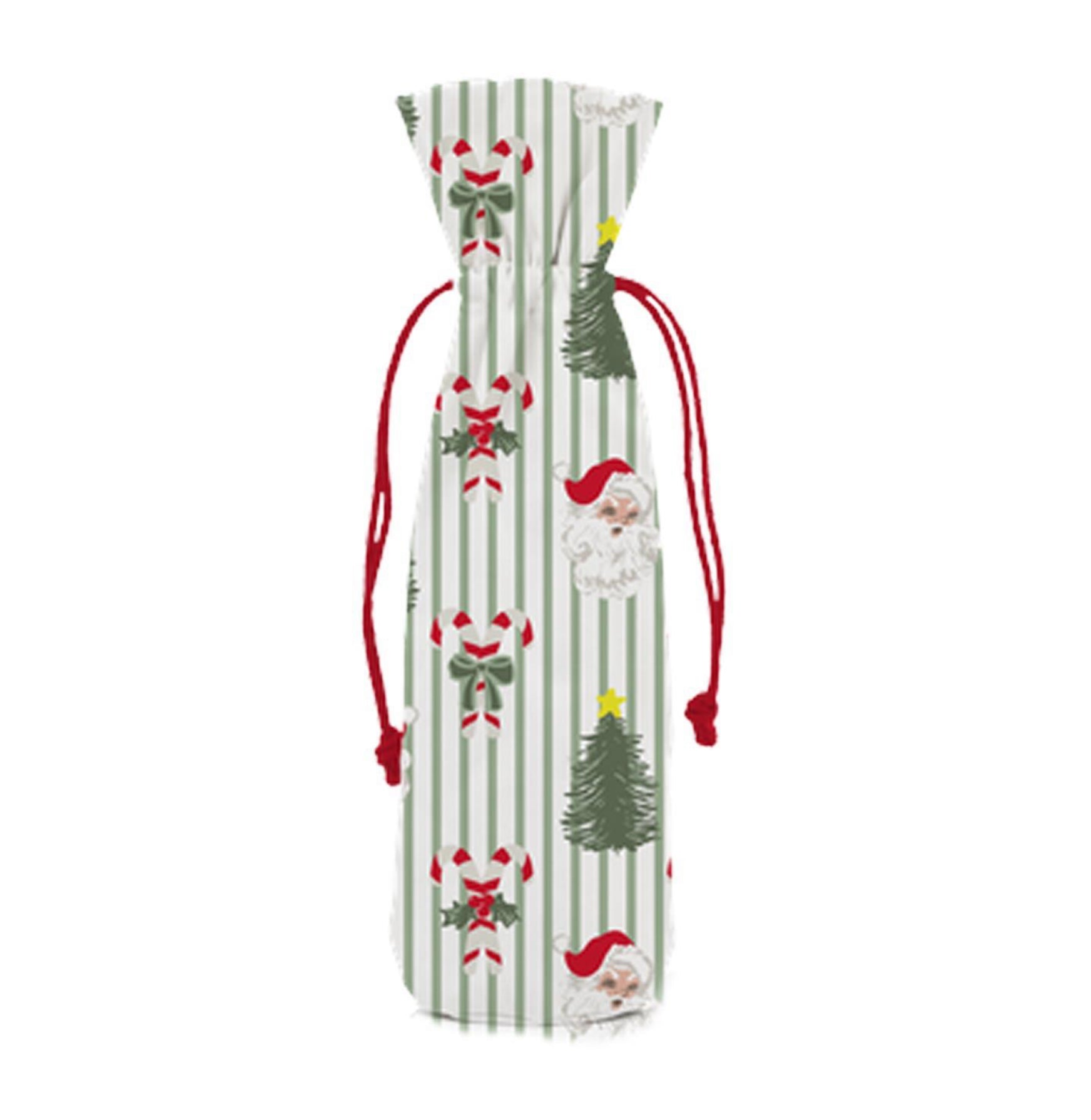 Christmas-themed wine bag with Santa Claus and trees on a white background