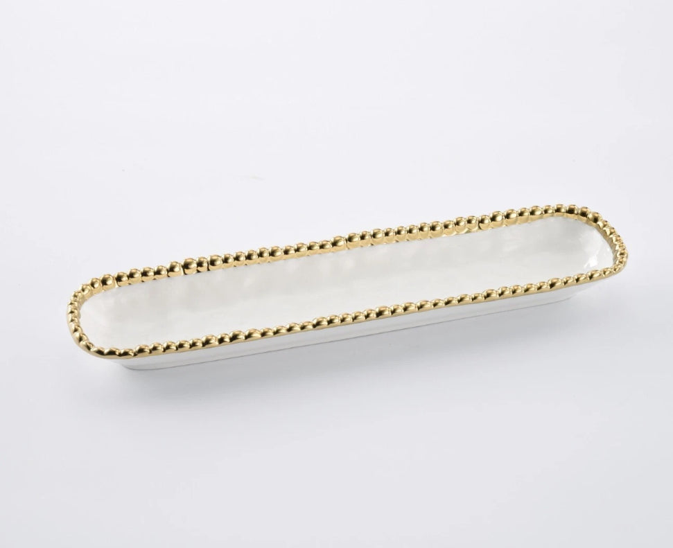 Tray - Porcelain - Cracker - White w/ Gold Beads