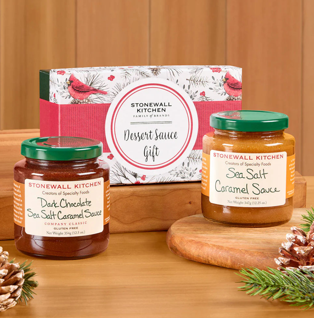 Seasonal - Food Gift - Dessert Sauce - Set of 2 sauce jars on a table with the display box behind them 