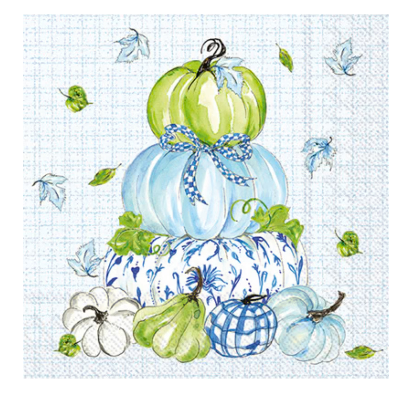 Napkins - Cocktail - Chinoiserie Stacked Pumpkins- green and blue stacked pumpkins once napkins with a blue and white checkered background as part of the napkin]