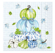 Napkins - Cocktail - Chinoiserie Stacked Pumpkins- green and blue stacked pumpkins once napkins with a blue and white checkered background as part of the napkin]