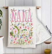 Terry towel with floral design and 'Nana' text on a white background