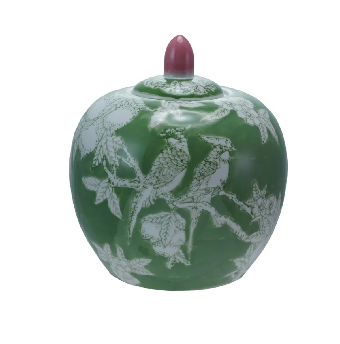 Ginger Jar - Green and Pink Chinoiserie- 7”Rd x 8.25” H