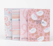 Three scented sachets with various designs, labeled 'Sweet Grace' and indicating a fragrance family of Oriental & Spice.