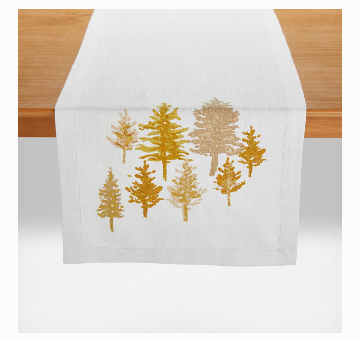 Seasonal - Table Runner - Enchanted Forest - 72” - white runner with gold trees 