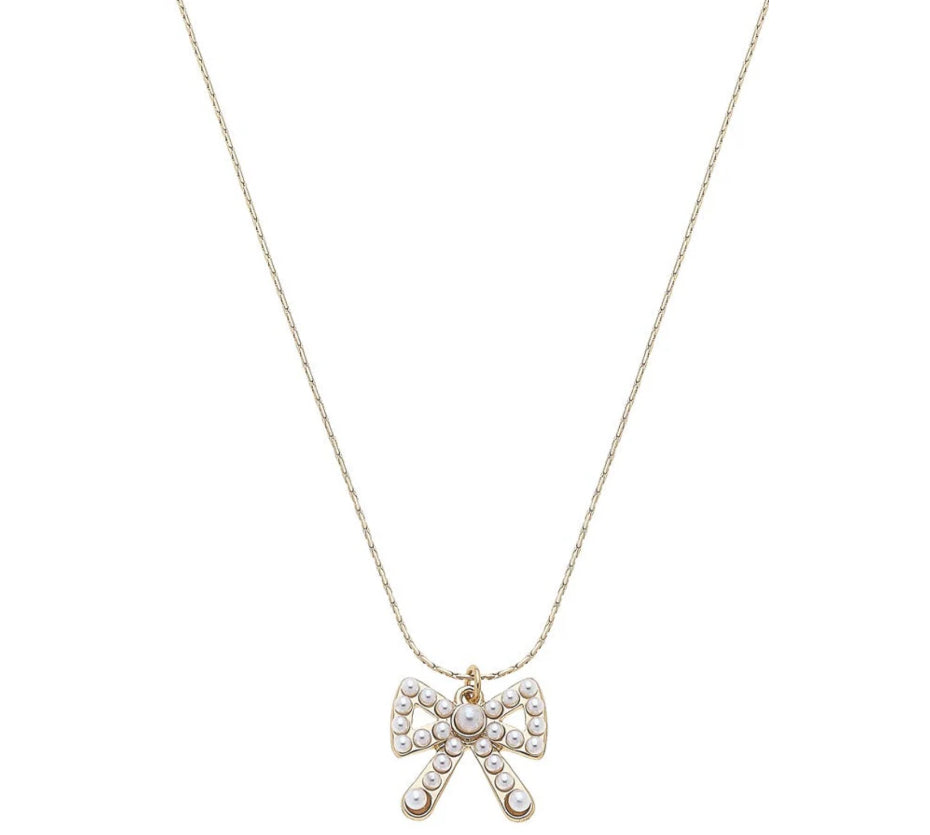 Necklace with a bow-shaped pendant on a white background