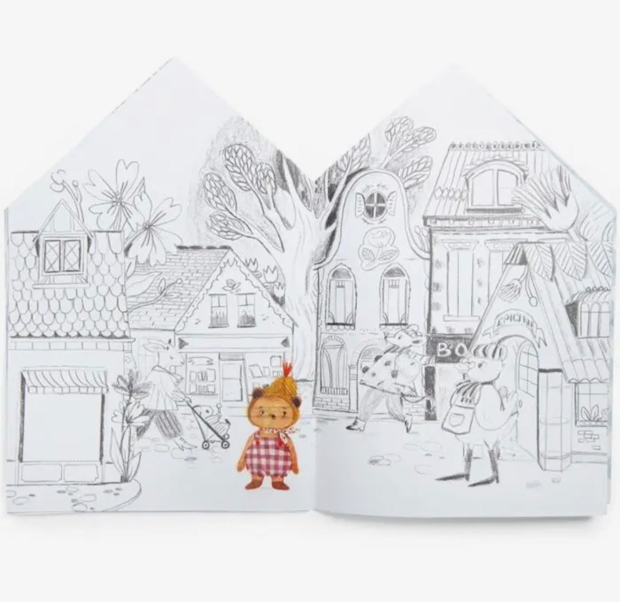 Coloring book with illustrations of a town scene and characters.