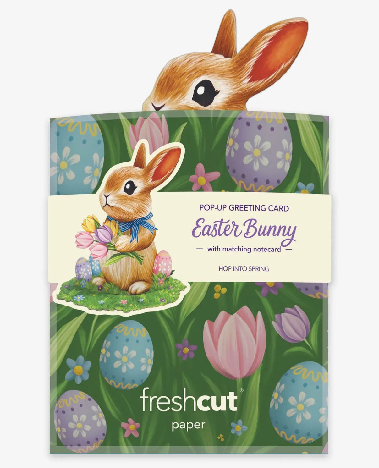 Pop-up Easter Bunny greeting card with matching notepad by freshcut paper on a white background