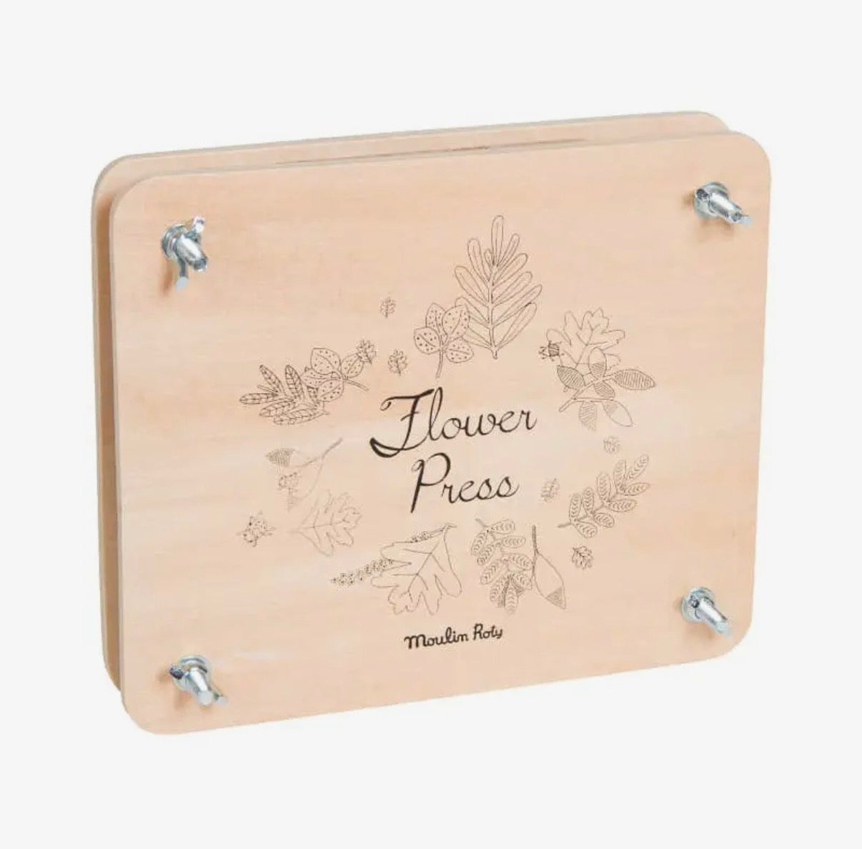 Wooden flower press with floral designs and 'Flower Press' text on a white background