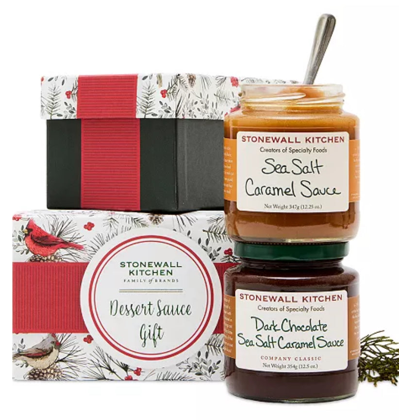 Seasonal - Food Gift - Dessert Sauce - Set of 2 glass sauce jars on a table with the display box behind them 