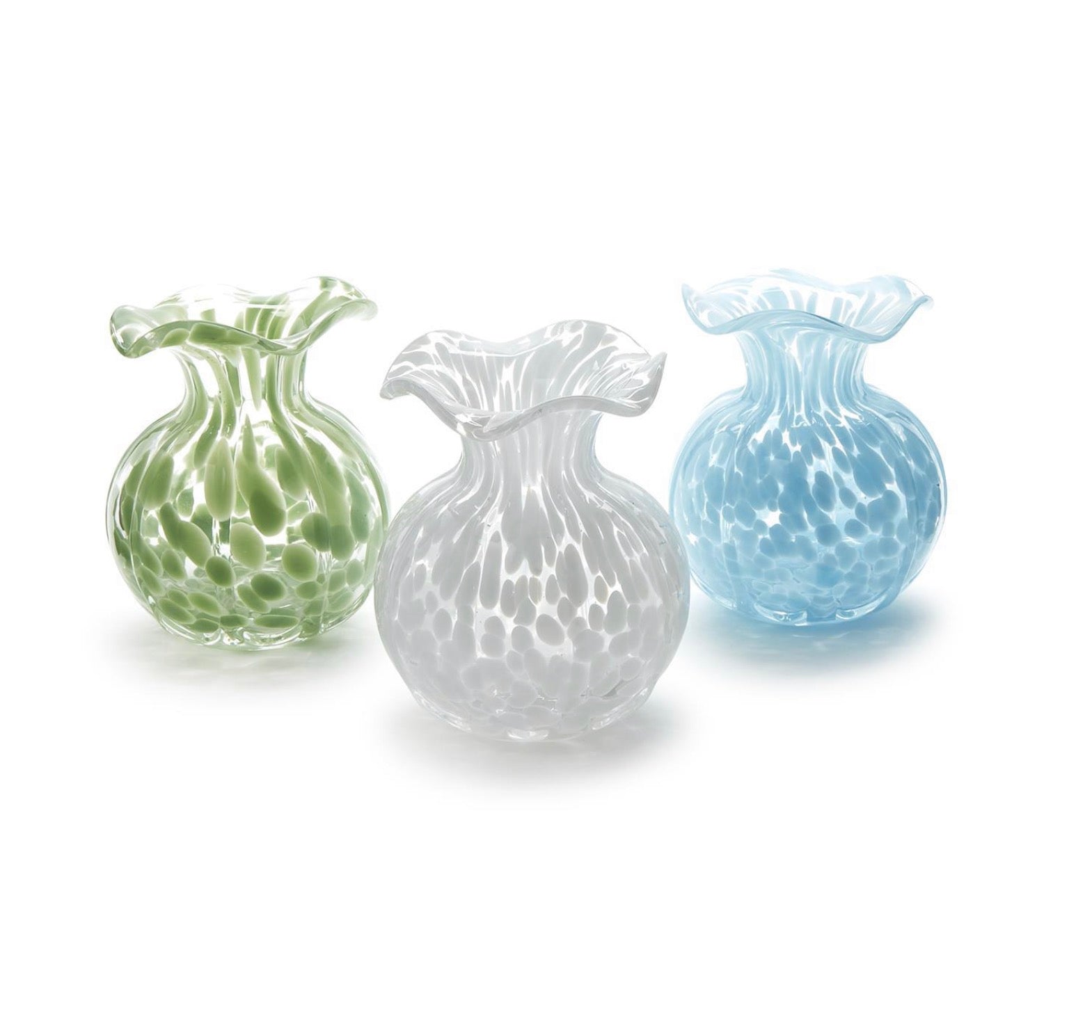 Two's Company Brand Three glass vases in green, white, and blue on a white background
