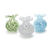 Two's Company Brand Three glass vases in green, white, and blue on a white background