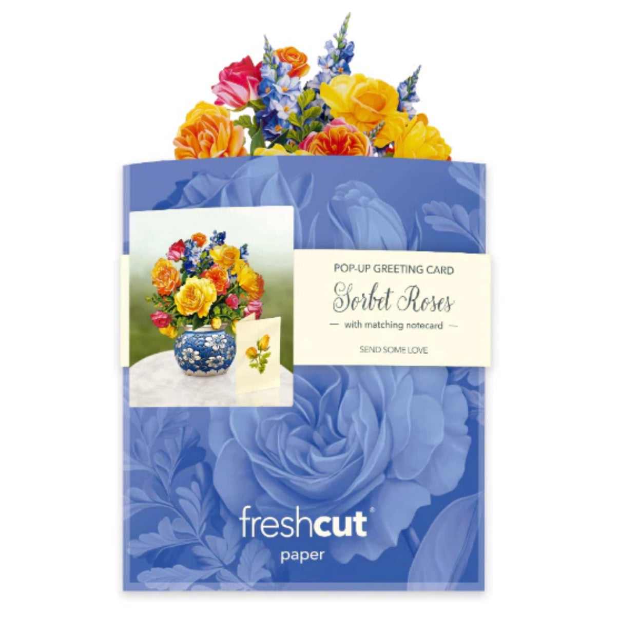 Pop-up greeting card with sorbet roses design and 'fresh cut paper' branding.