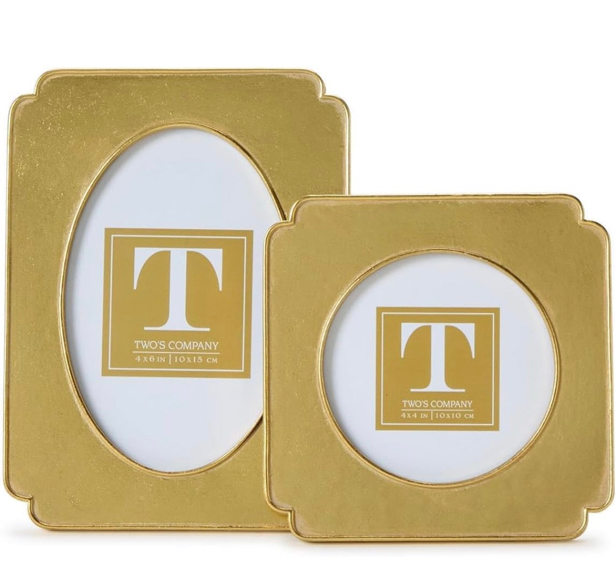 Two gold picture frames with a logo on a white background- Two’s Company 