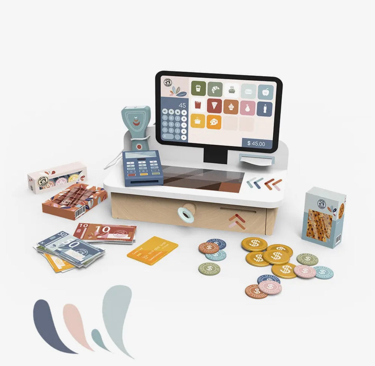 Toy cash register set with computer, money, and coins on a white background