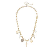 Gold necklace with various charms on a white background