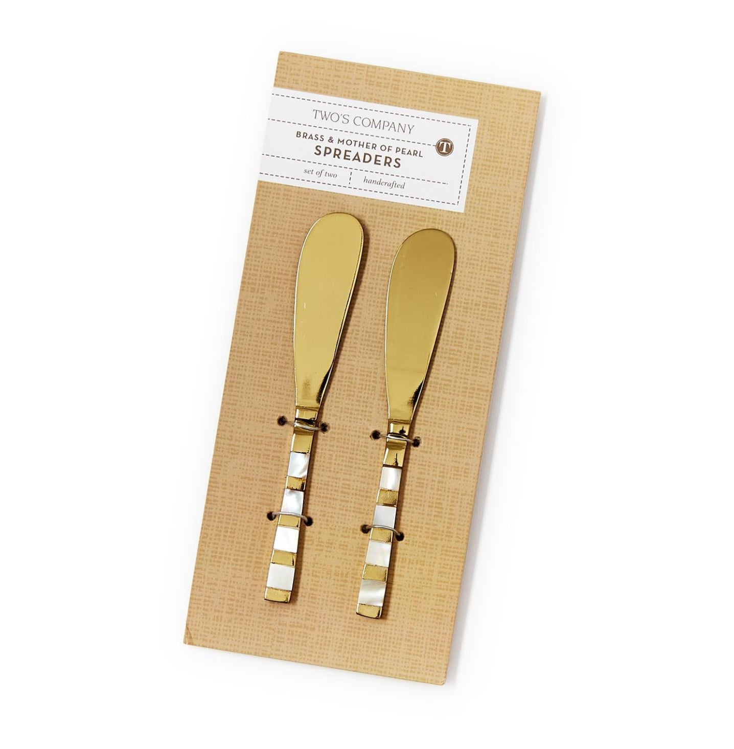 Two gold spreaders on a cardboard backing with 'Two's Company' label.