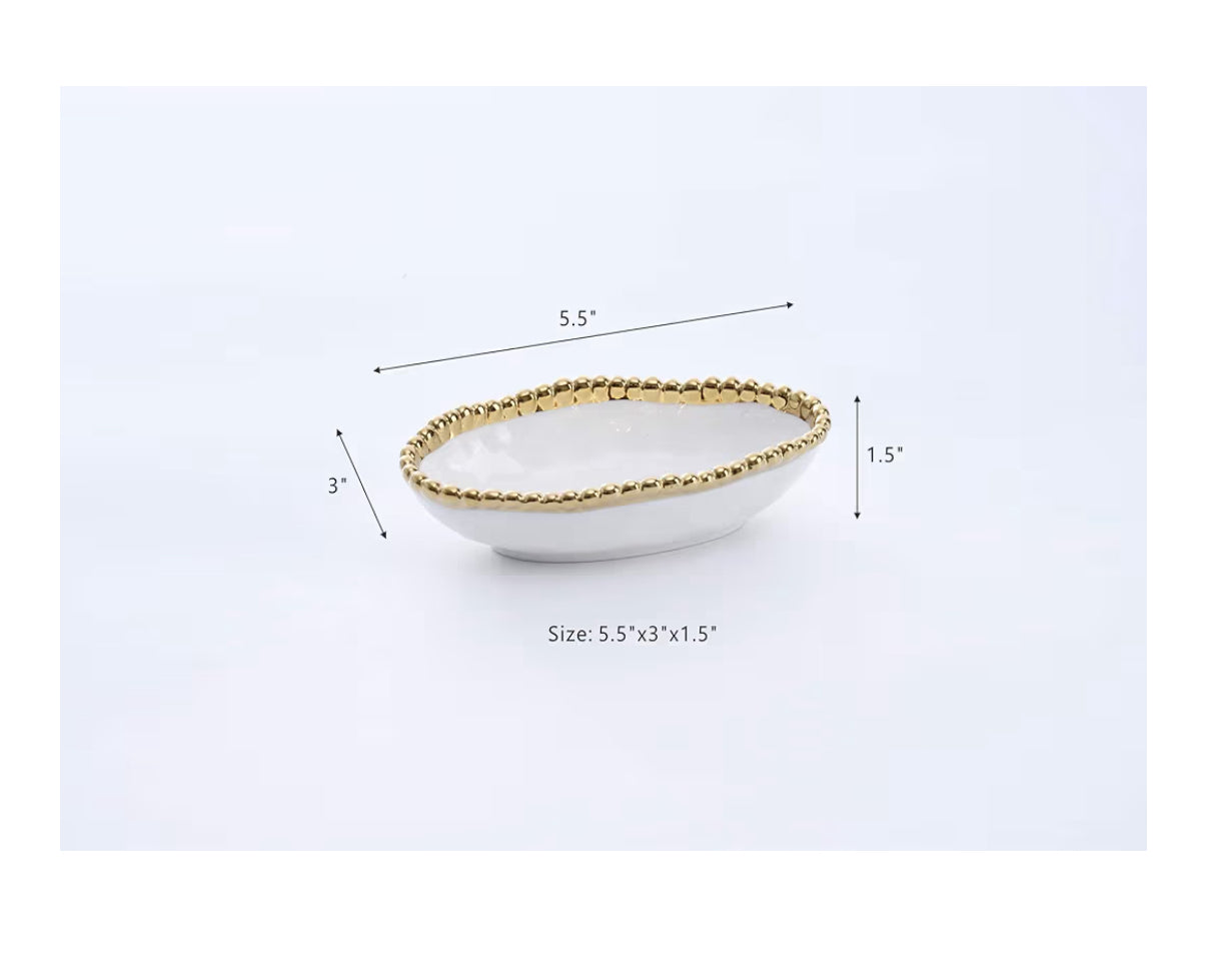 Bowl - Long Condiment - White w/ Gold Beads