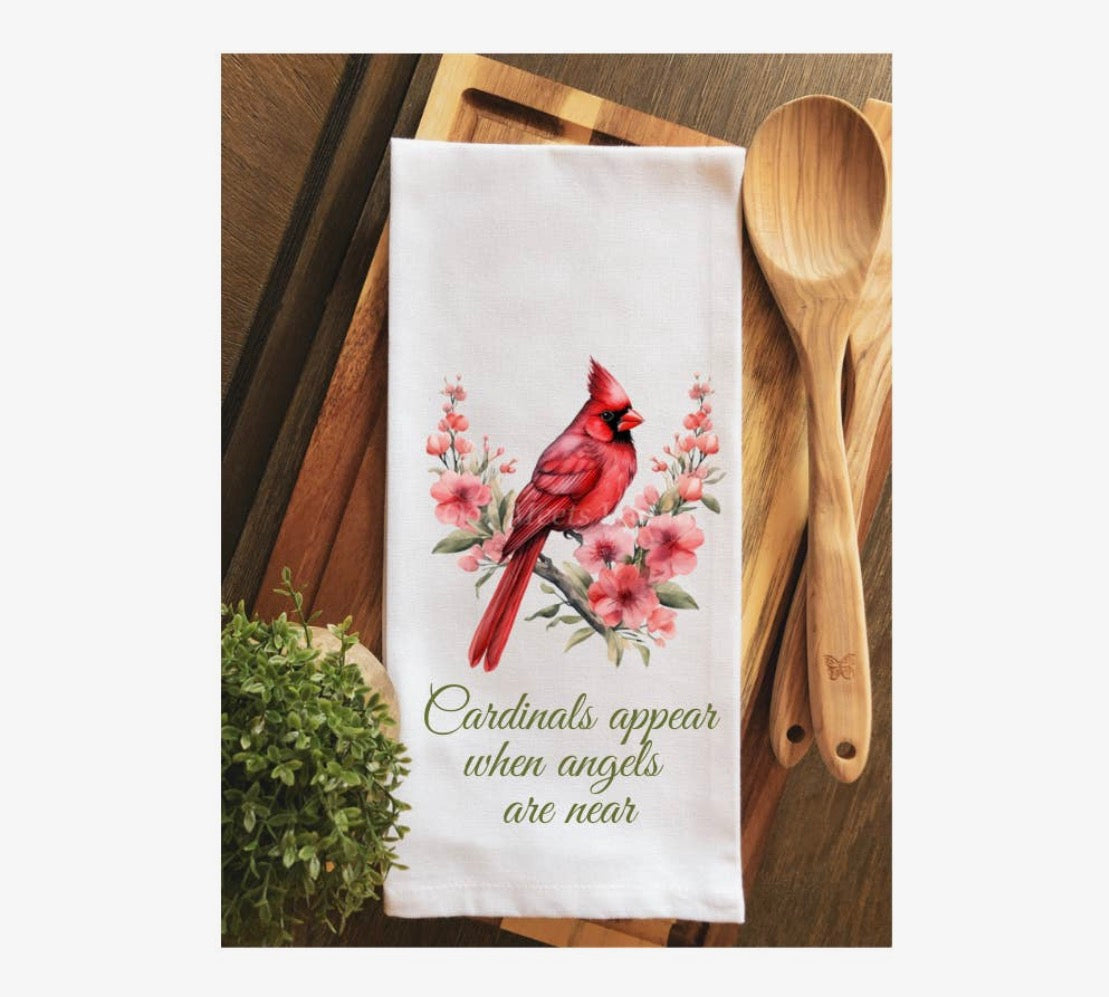 Watercolor Red Cardinal Floral Tea Towel