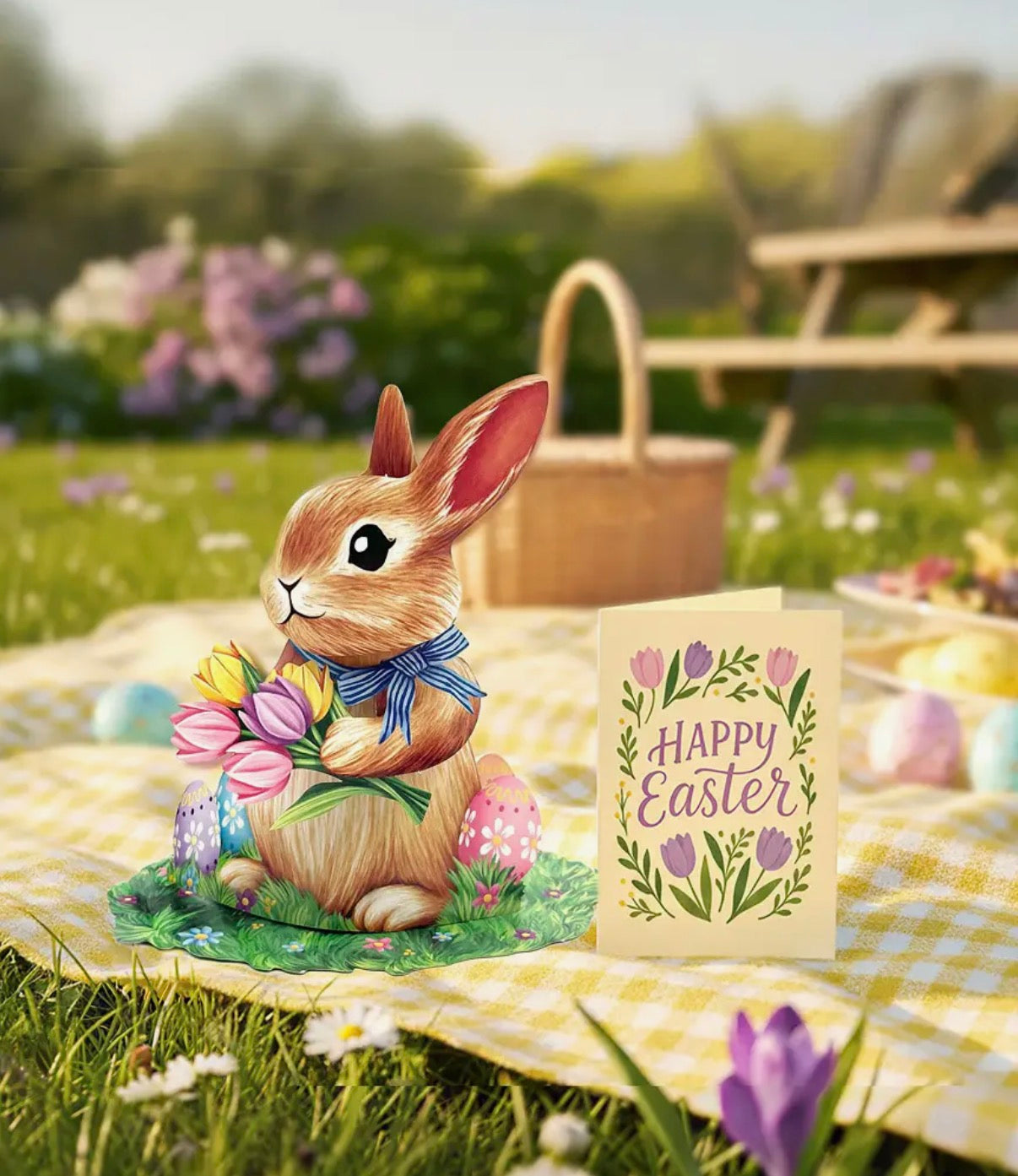 Decorative Easter bunny figurine with a 'Happy Easter' card on a picnic blanket outdoors.