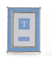 Decorative enamel 4" x 6" picture frame with blue border and logo on a white background