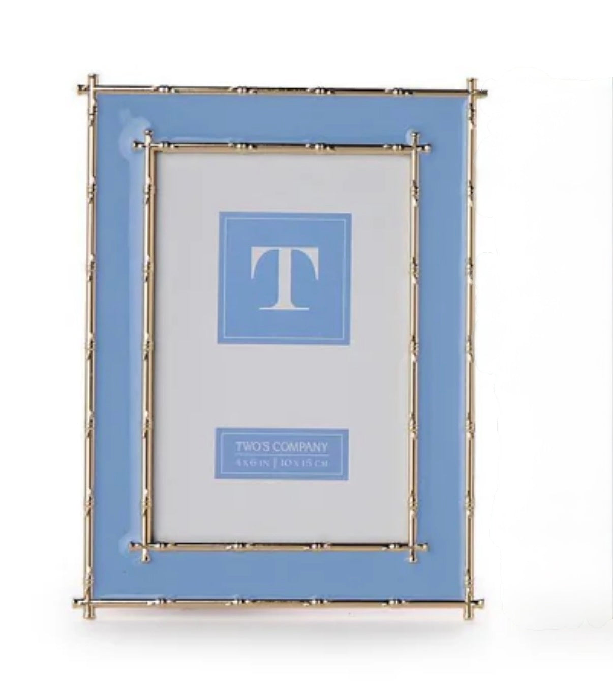 Decorative enamel 4" x 6" picture frame with blue border and logo on a white background