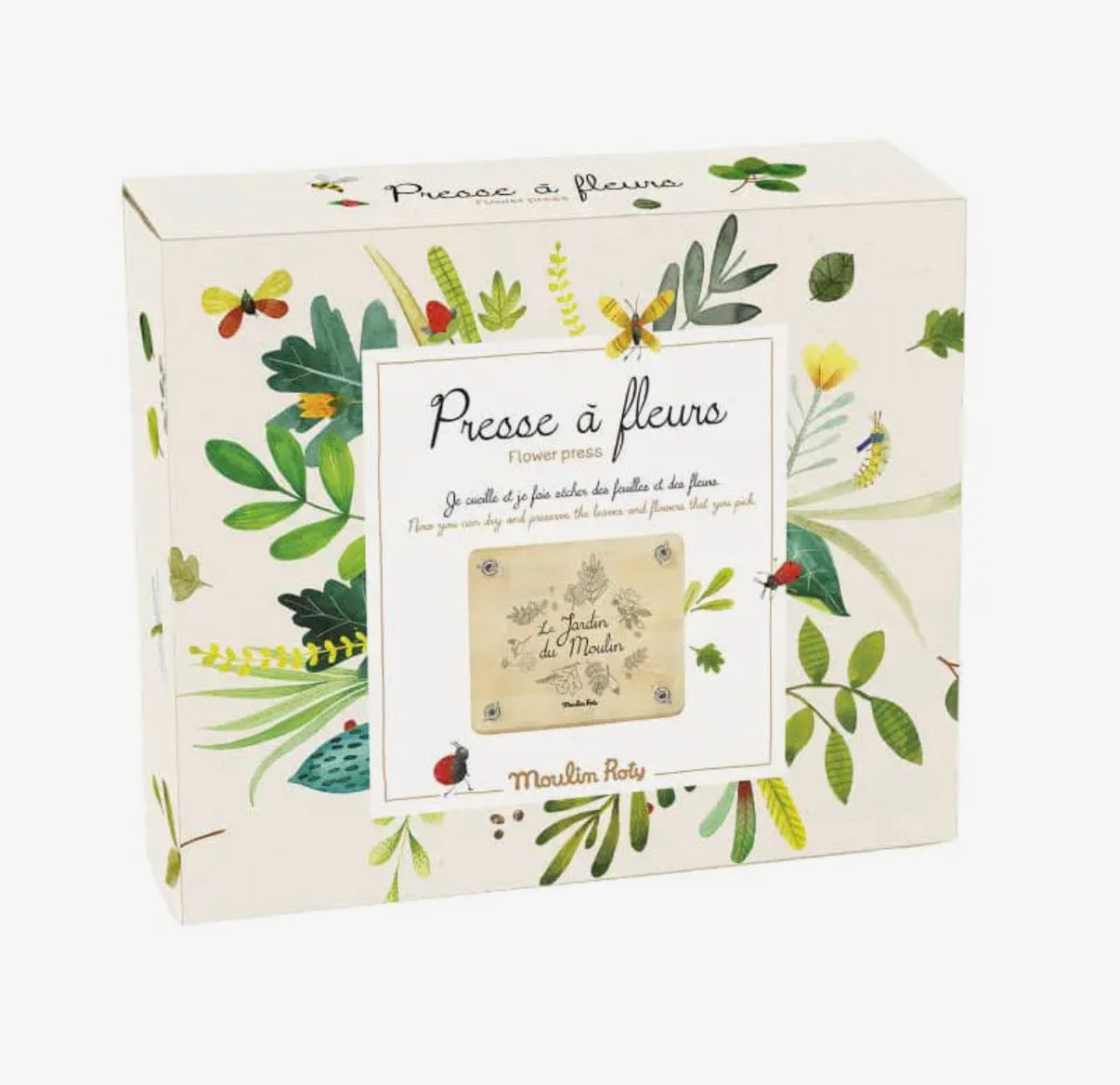 Floral press packaging with botanical design and text on a white background