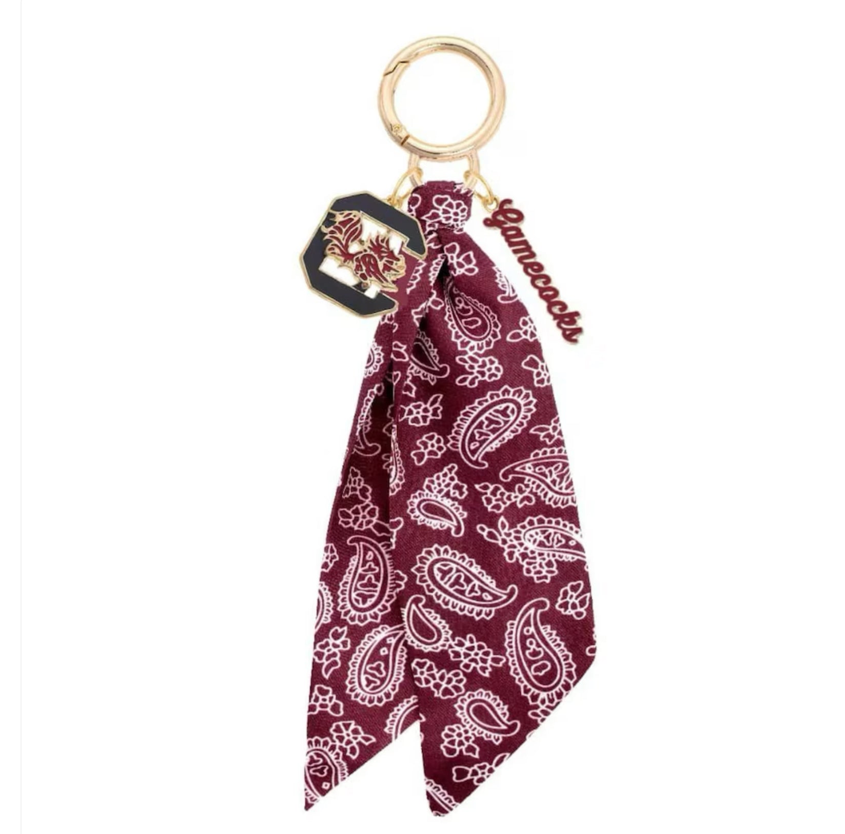 Maroon bandana with white paisley pattern keychain on a white background