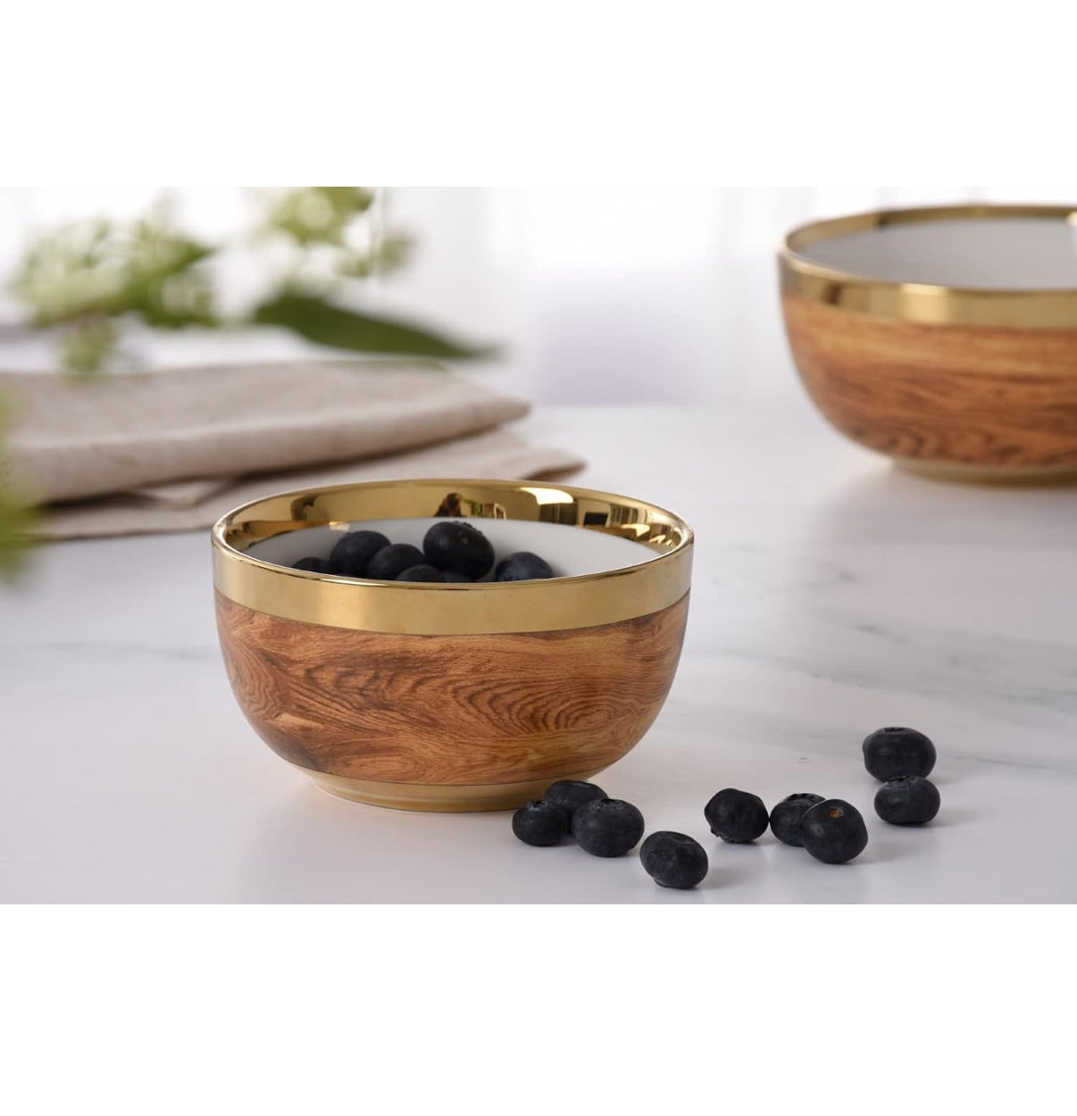 Bowl - Porcelain - Small Round Snack - Faux Wood With Gold