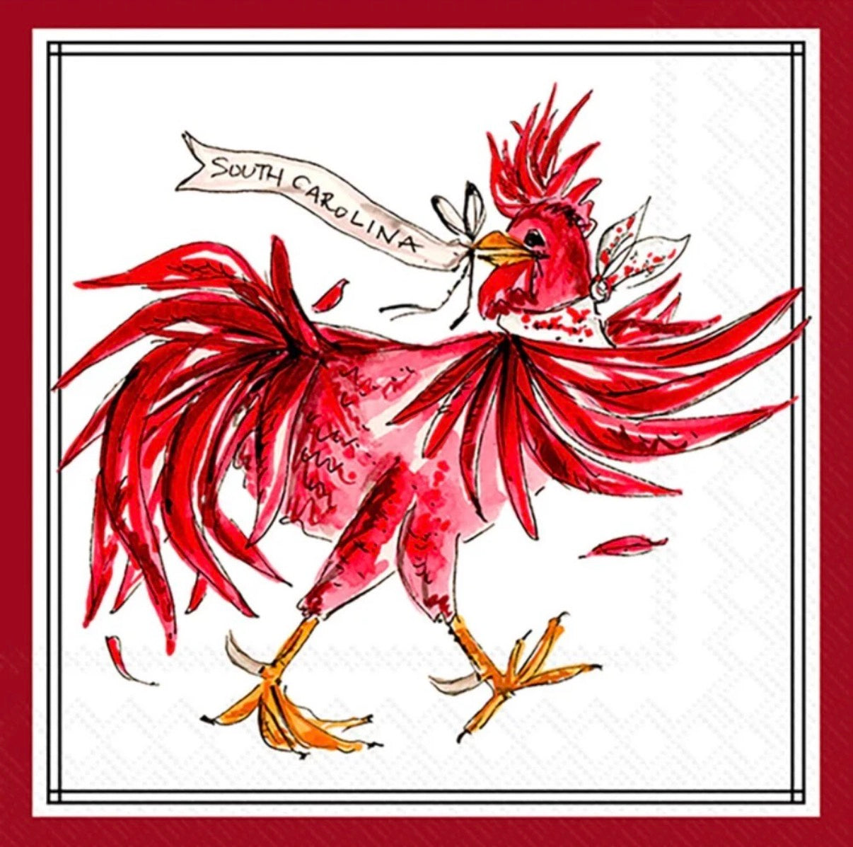 Red rooster illustration with 'South Carolina' banner on a white background