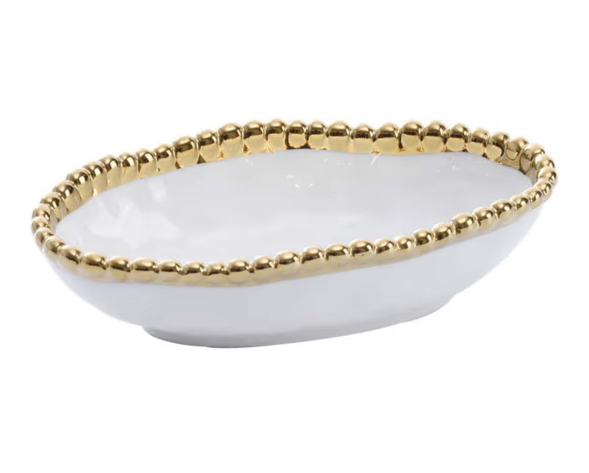 Bowl - Long Condiment - White w/ Gold Beads