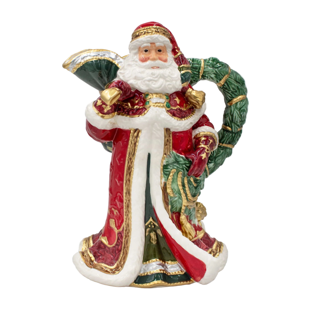 Decorative figurine of a Santa Claus holding a wreath on a white background