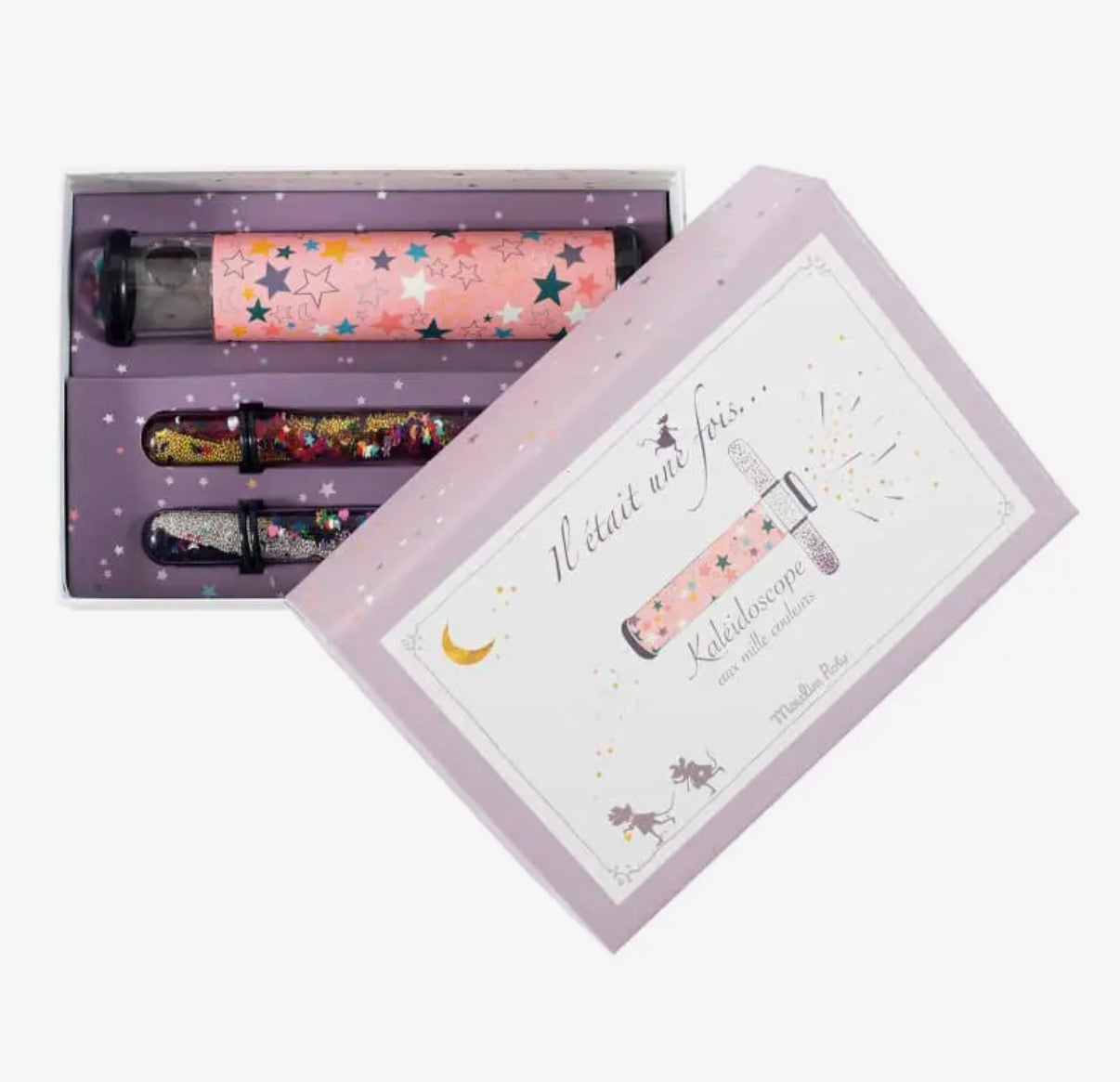 Set of three decorative kaleidoscopes in a box with a starry design on a white background