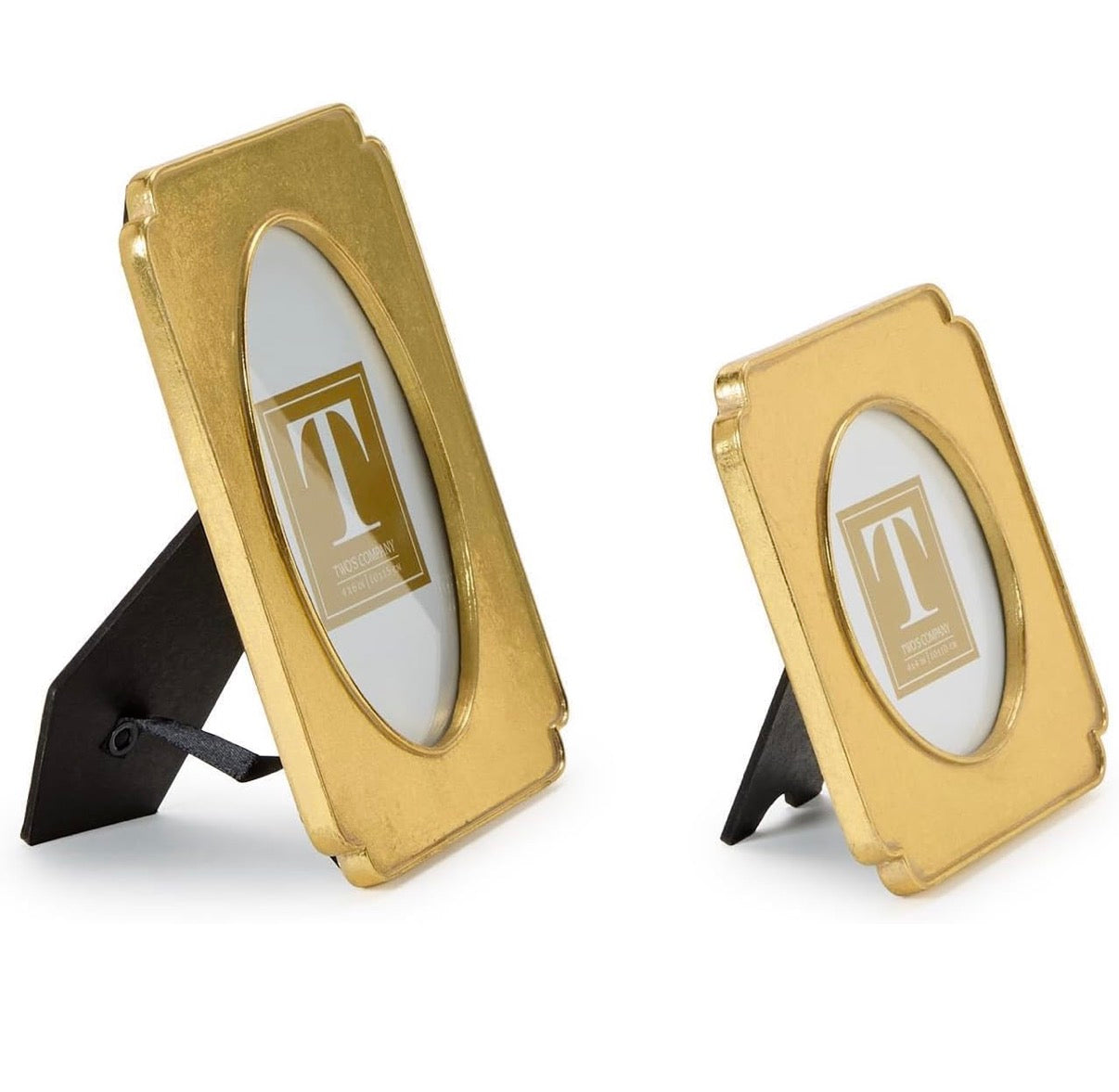 Two’s company- Two gold picture frames with black stands on a white background