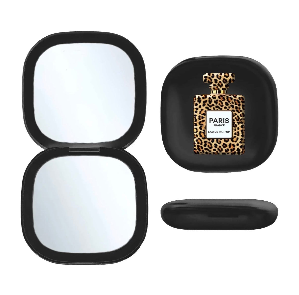 Toss Designs Black compact mirror with leopard print perfume bottle on a white background