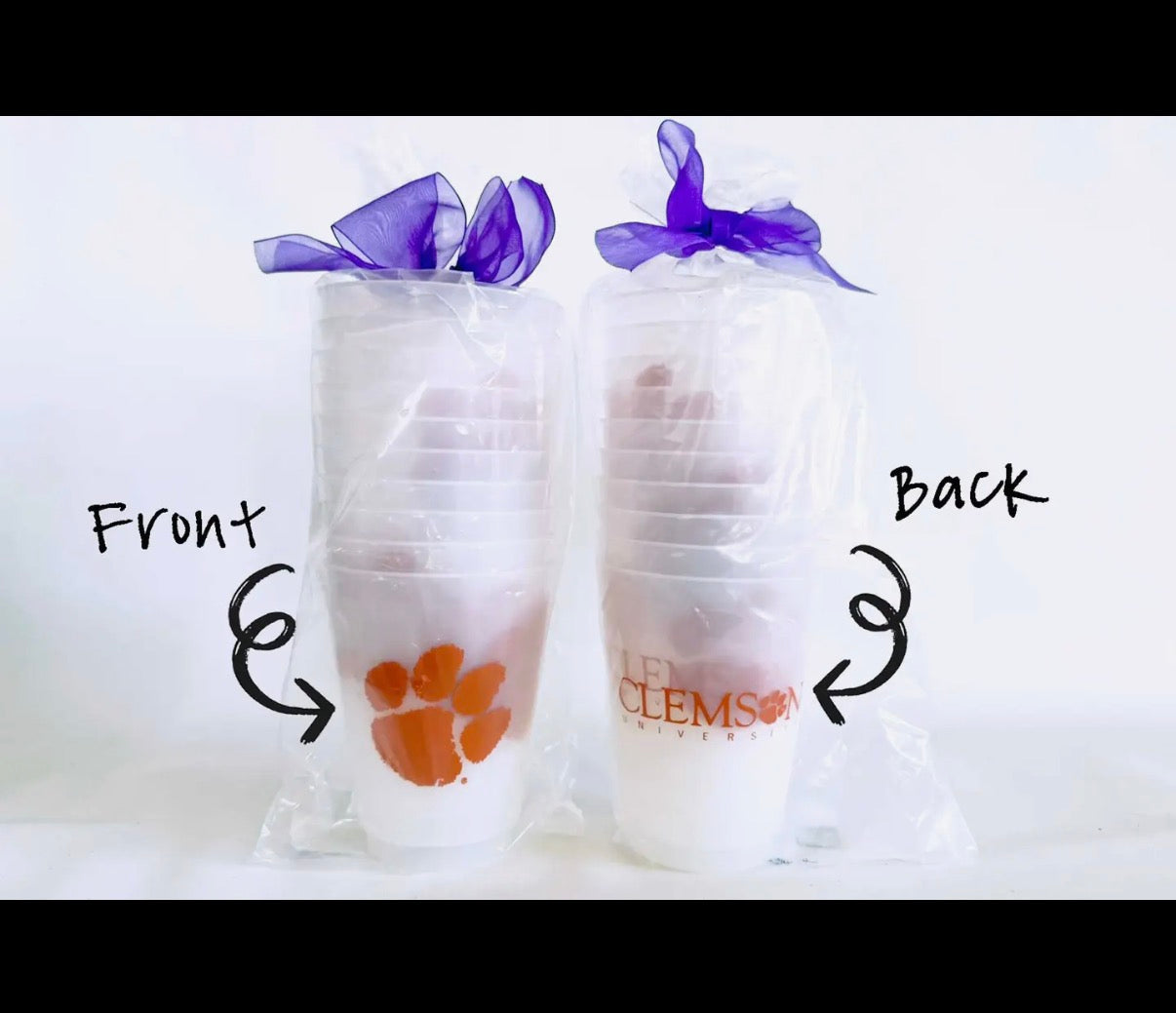 Two plastic bags with a Clemson logo, one labeled 'Front' and the other 'Back', on a white background.