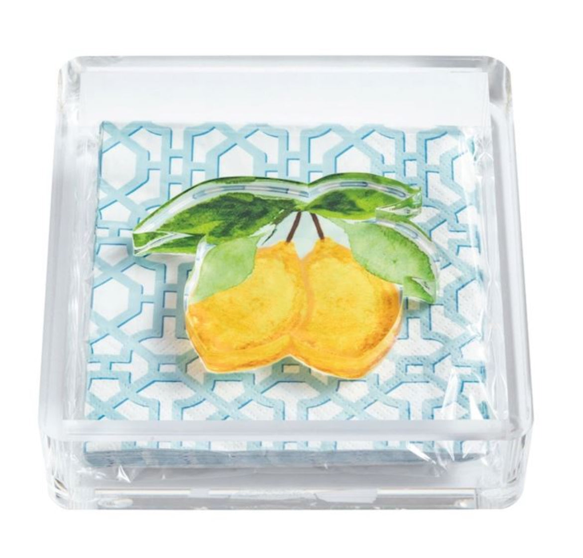 Clear container with lemon design on a white background