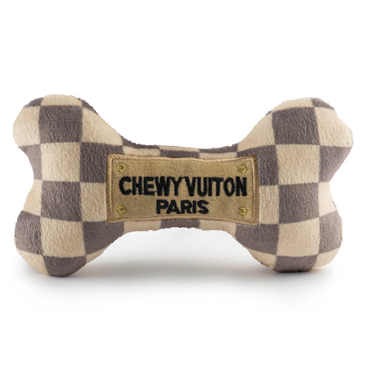Pet Accessories - Dog Toy - Tan Checkered Chewy Vuiton Bone